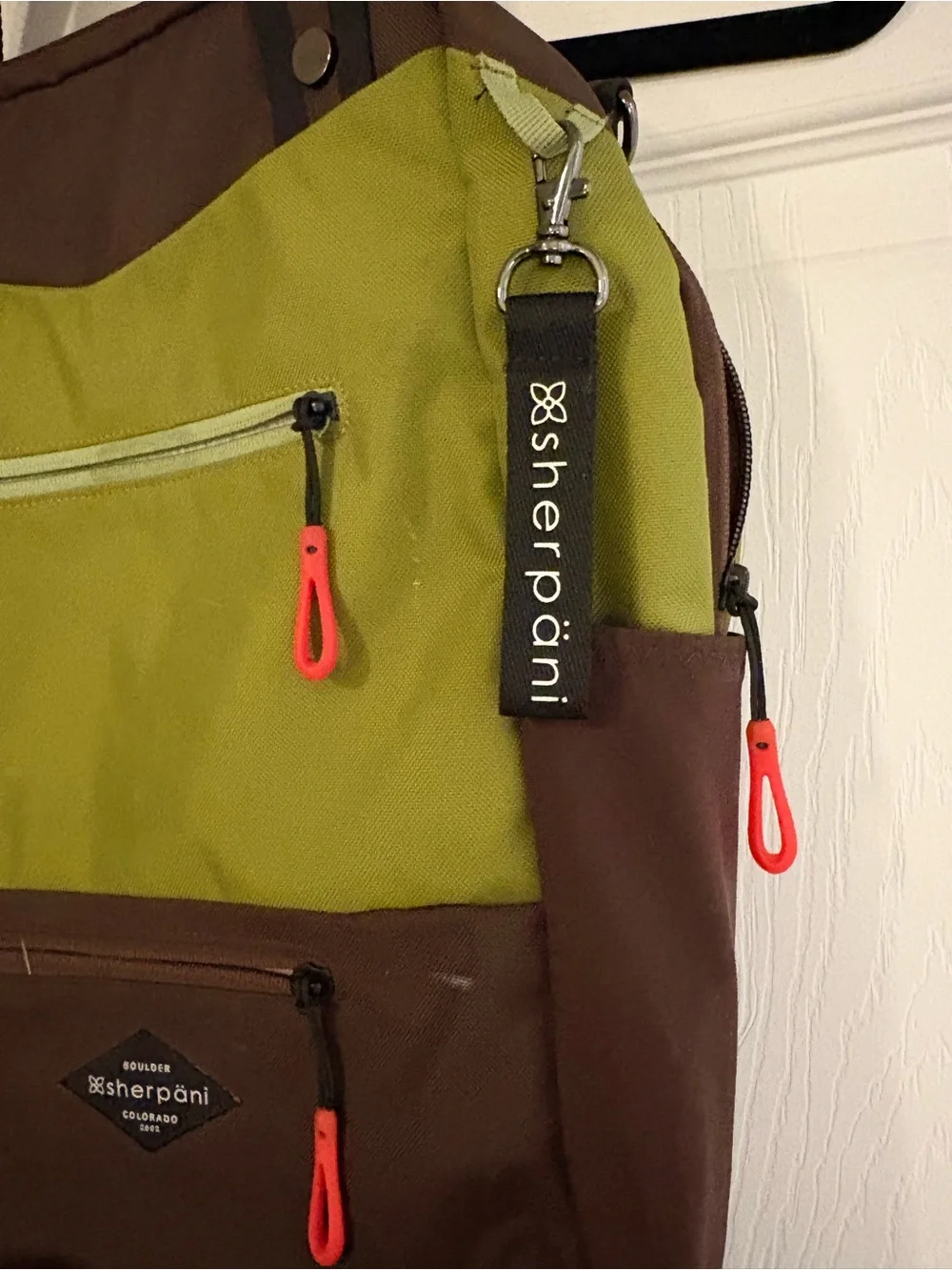 Sherpani Olive Green & Brown Women’s Backpack Tote with Orange Pulls